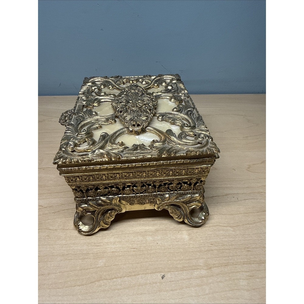 Vintage Ornate Brass Casket Jewelry Box, Mid Century French Style Trinket Box